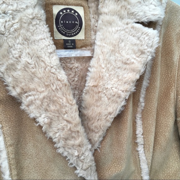 giacca Vintage Tan Penny Lane Daisy Leather Suede Coat With Faux Fur Trim Small - Picture 4 of 7